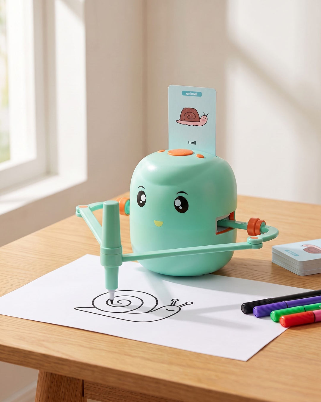 Grüner Zeichenroboter Malfreund zeichnet mit einem Stift ein Motiv auf ein Blatt Papier