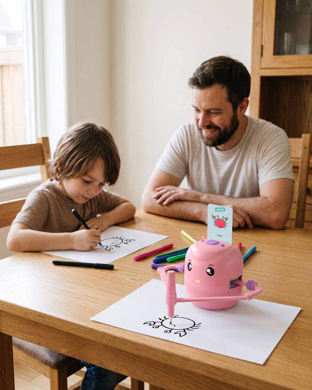 Ein Kind zeichnet am Esstisch mit, der Vater schaut zu, vorne zeichnet Malfreund in Pink vor