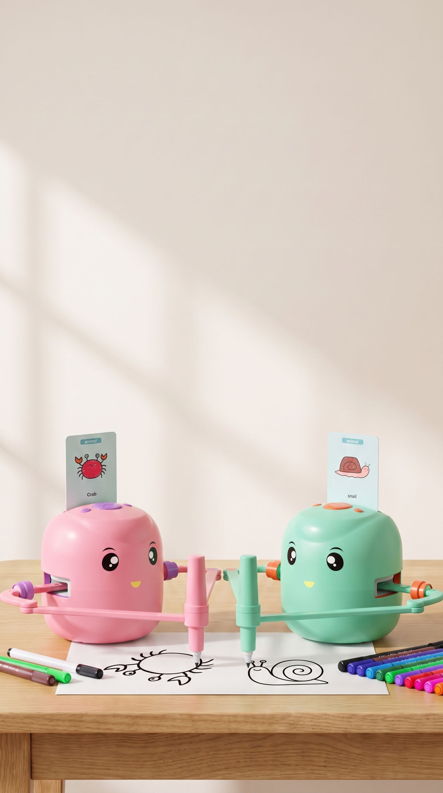 Zwei Zeichenroboter Malfreund in Pink und Grün zeichnen auf einem Holztisch eine Krabbe und eine Schnecke