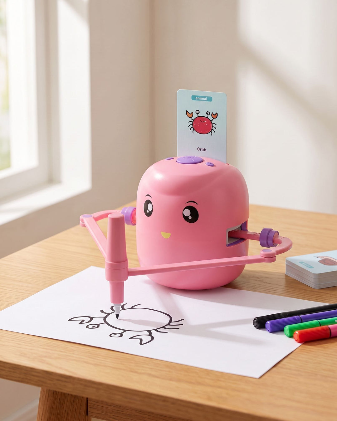 Pinker Zeichenroboter Malfreund zeichnet mit einem Stift ein Motiv auf ein Blatt Papier